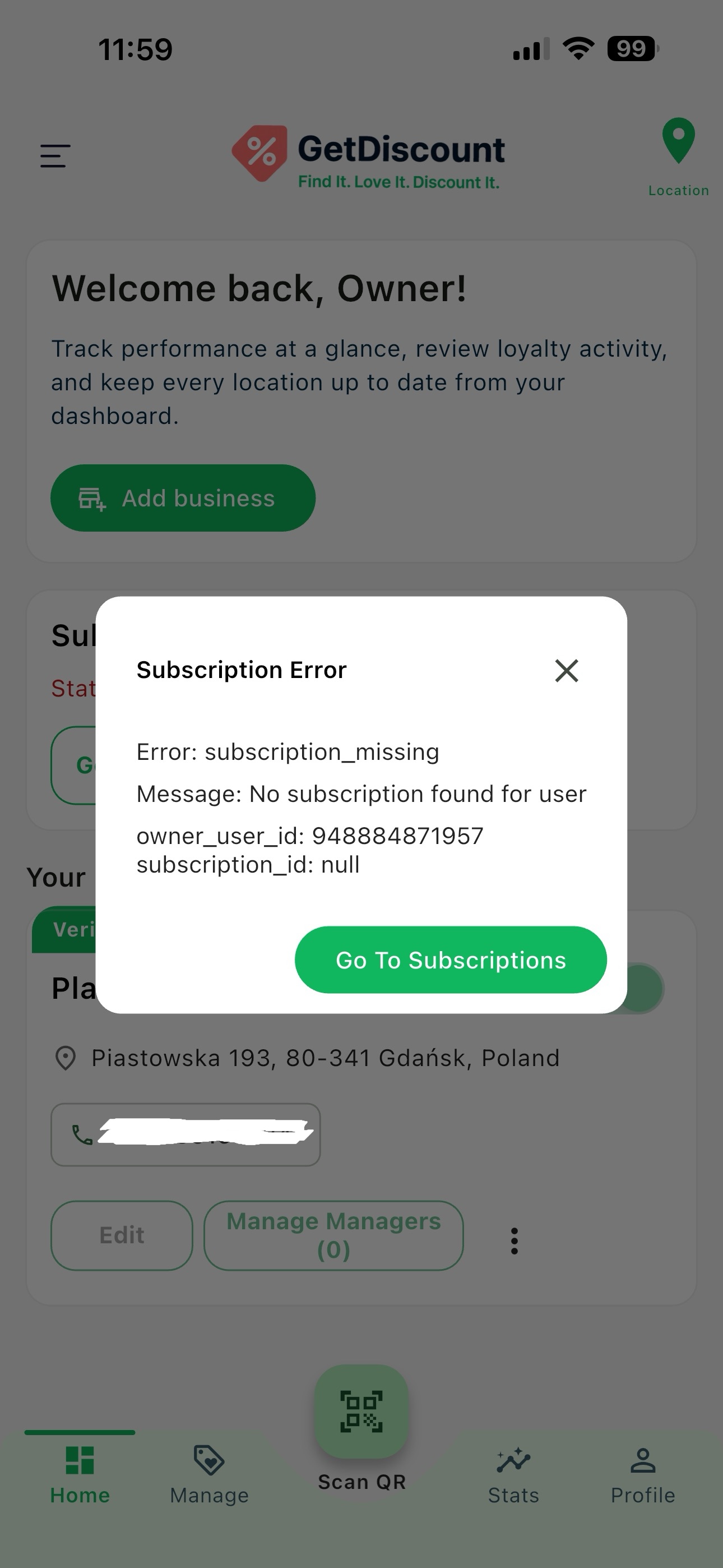 License required message with a button to open subscriptions