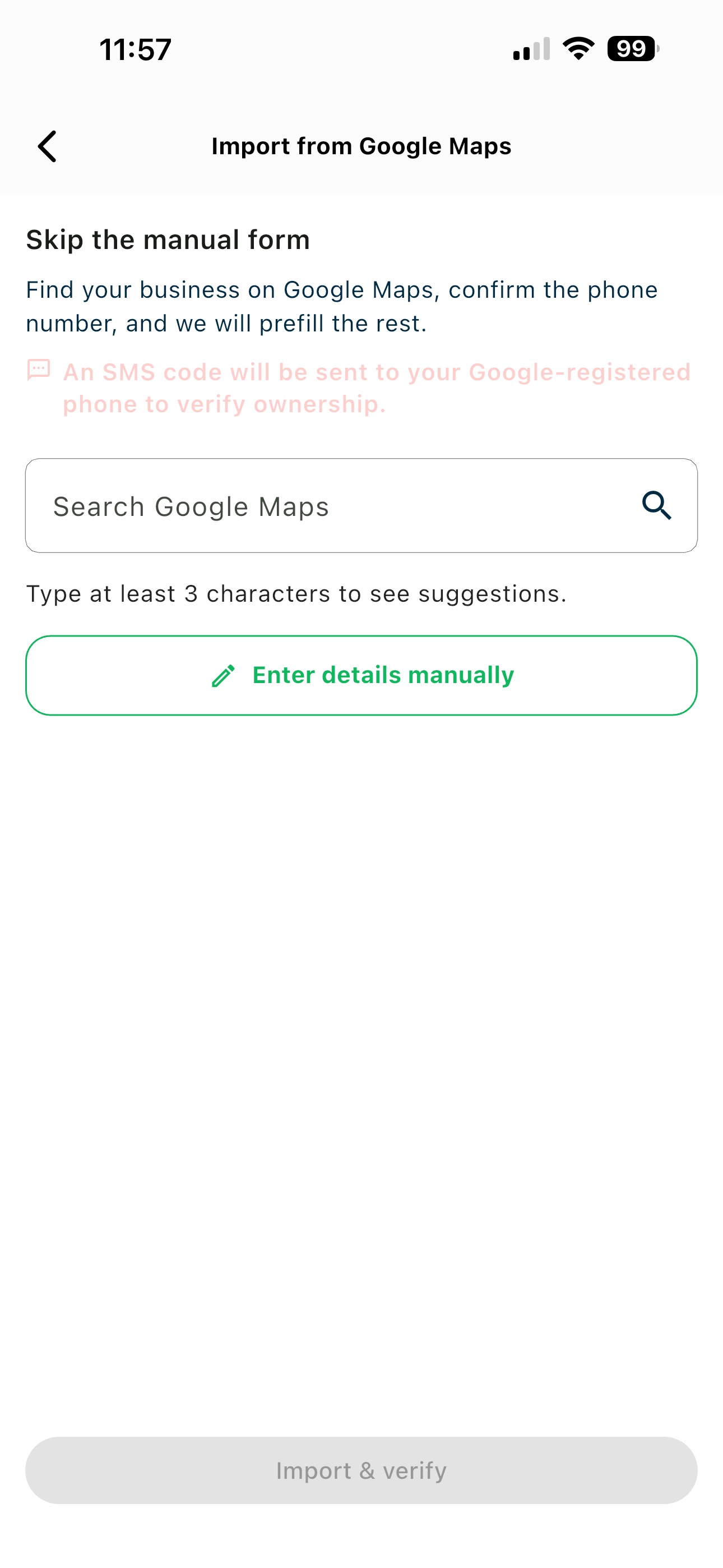 Google Maps import screen with the search field ready