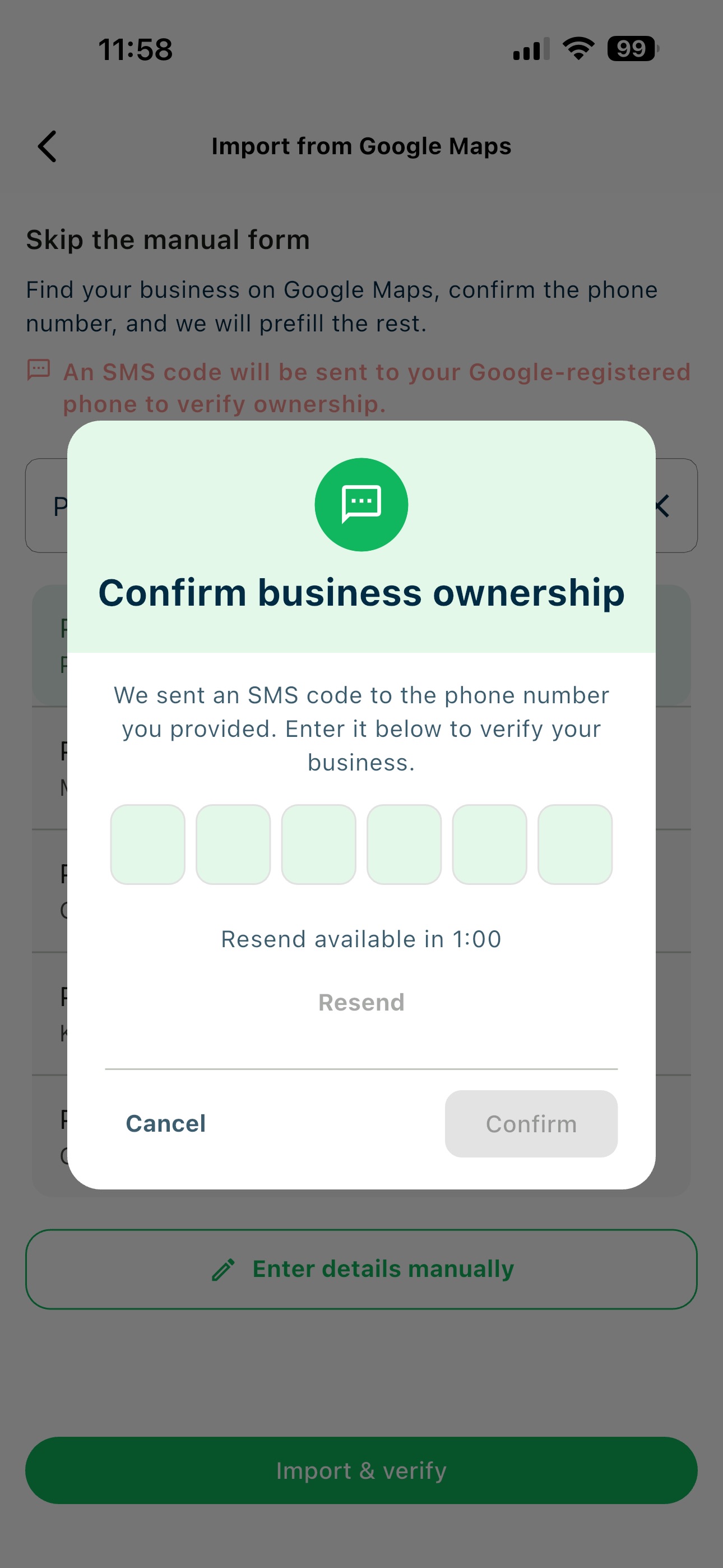Business ownership confirmation dialog for entering the SMS code
