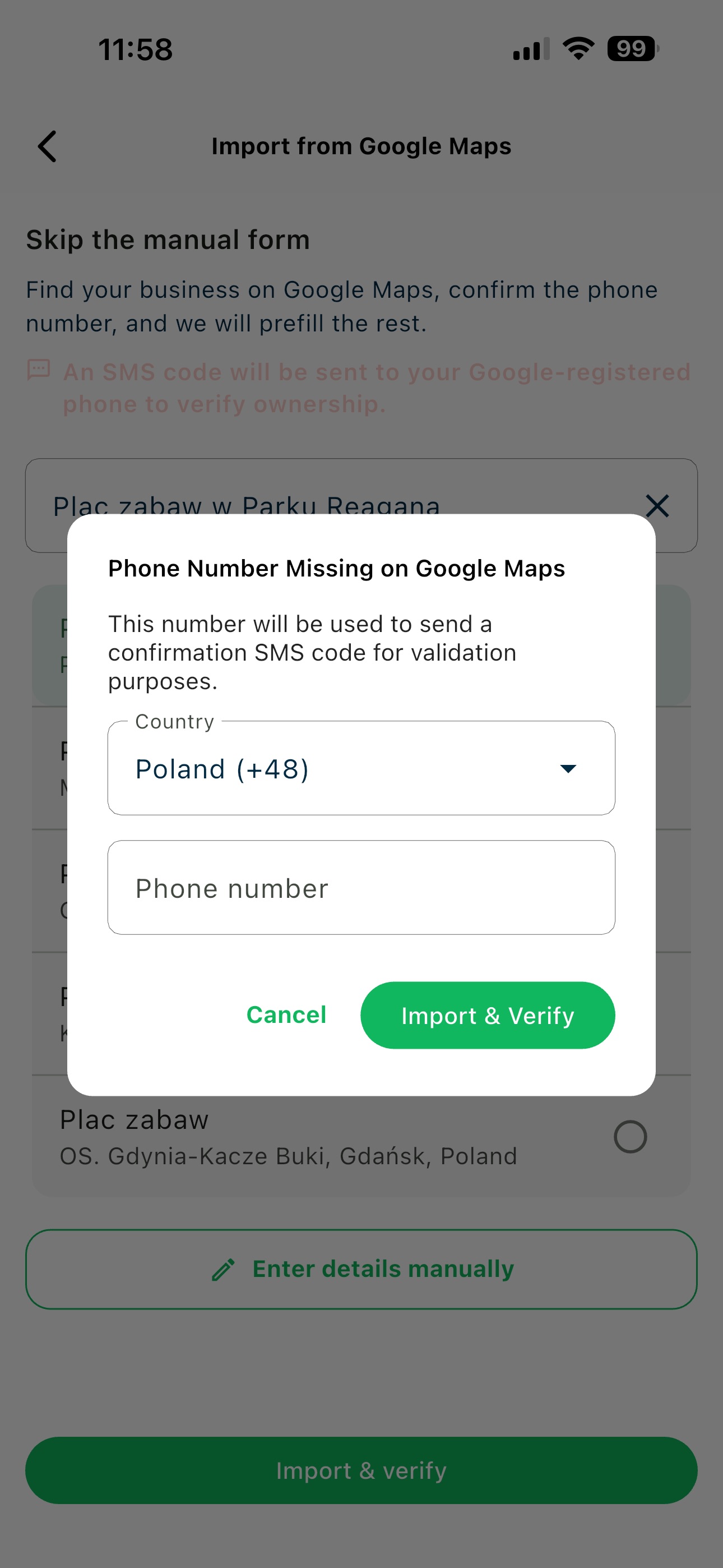 Dialog for entering a phone number when Google Maps has no number