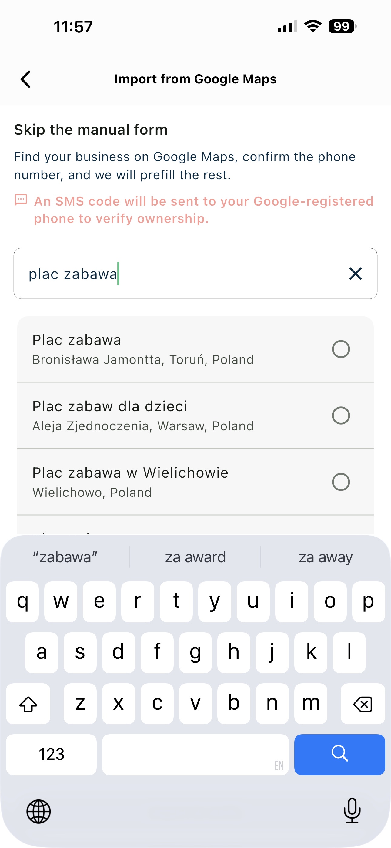 Google Maps search field with business suggestions