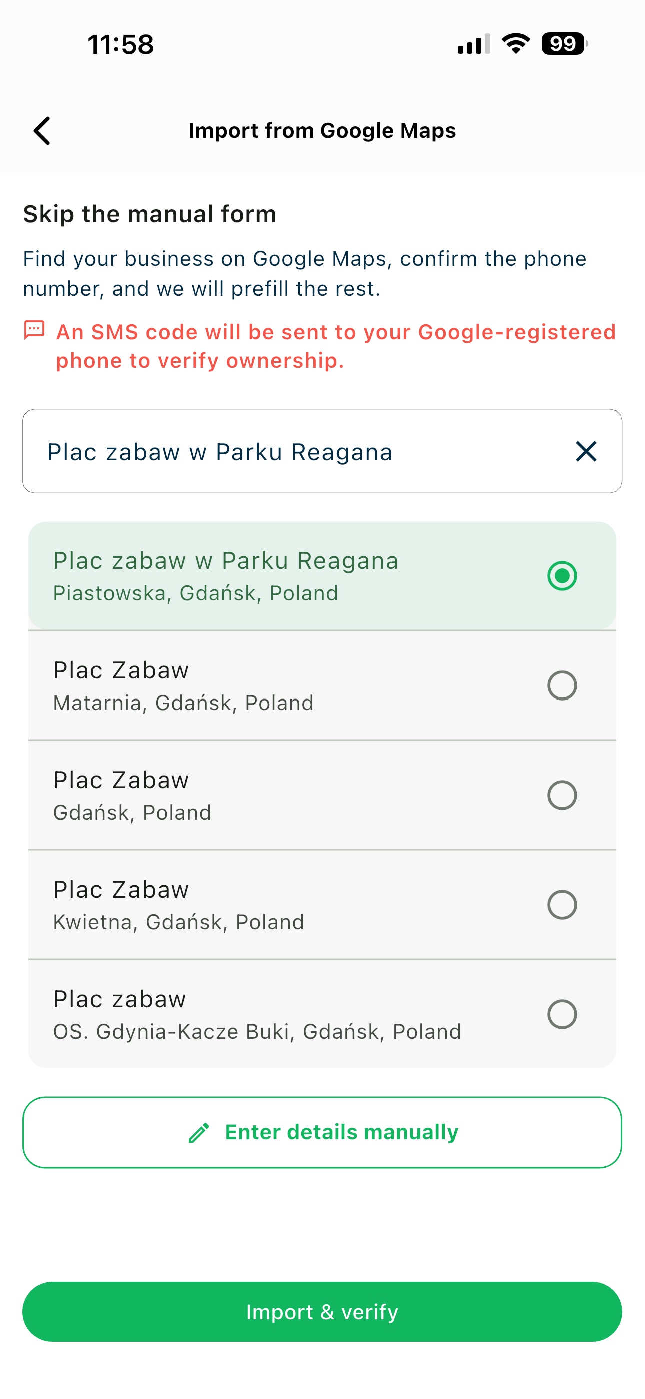 Google Maps results with the correct business selected