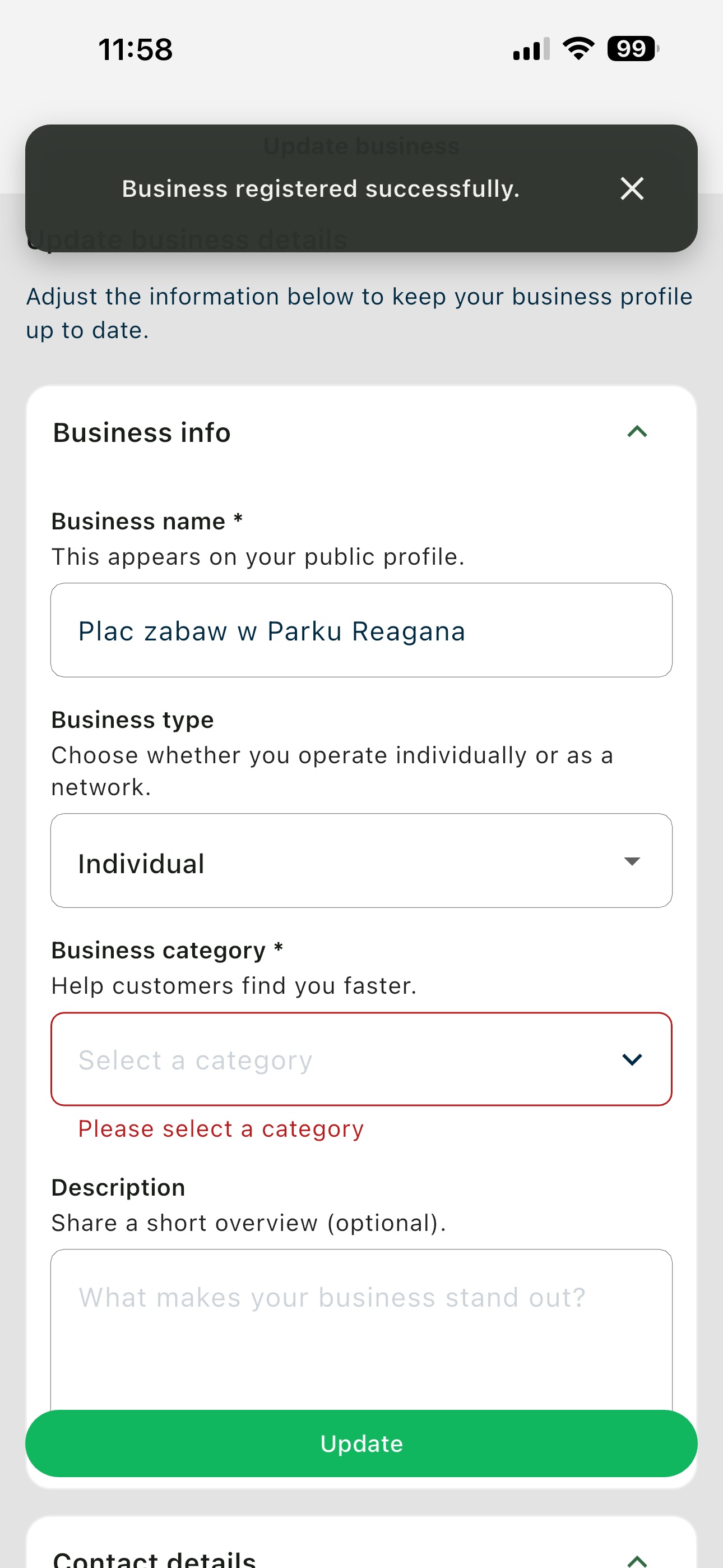 Imported business details with the required category still missing