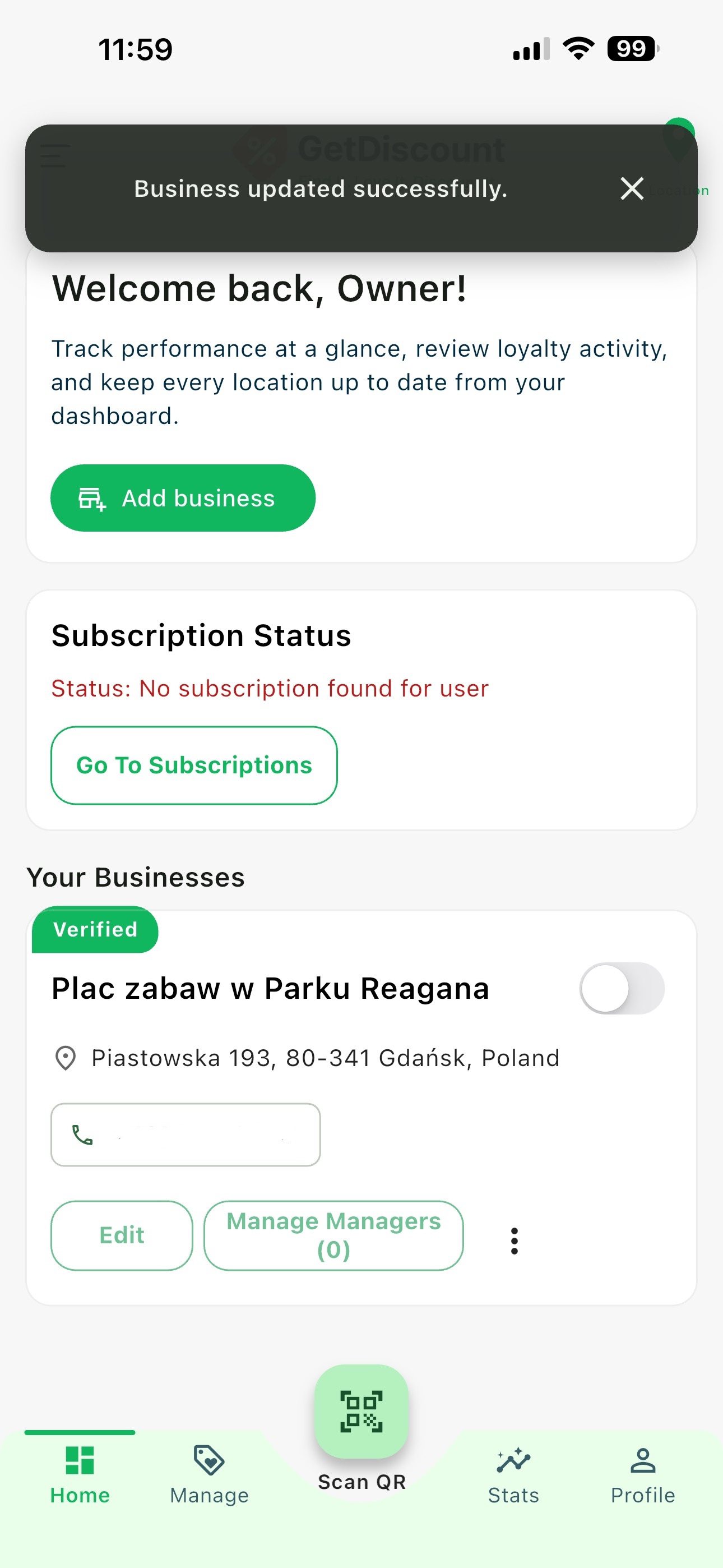 Owner home screen showing the imported business