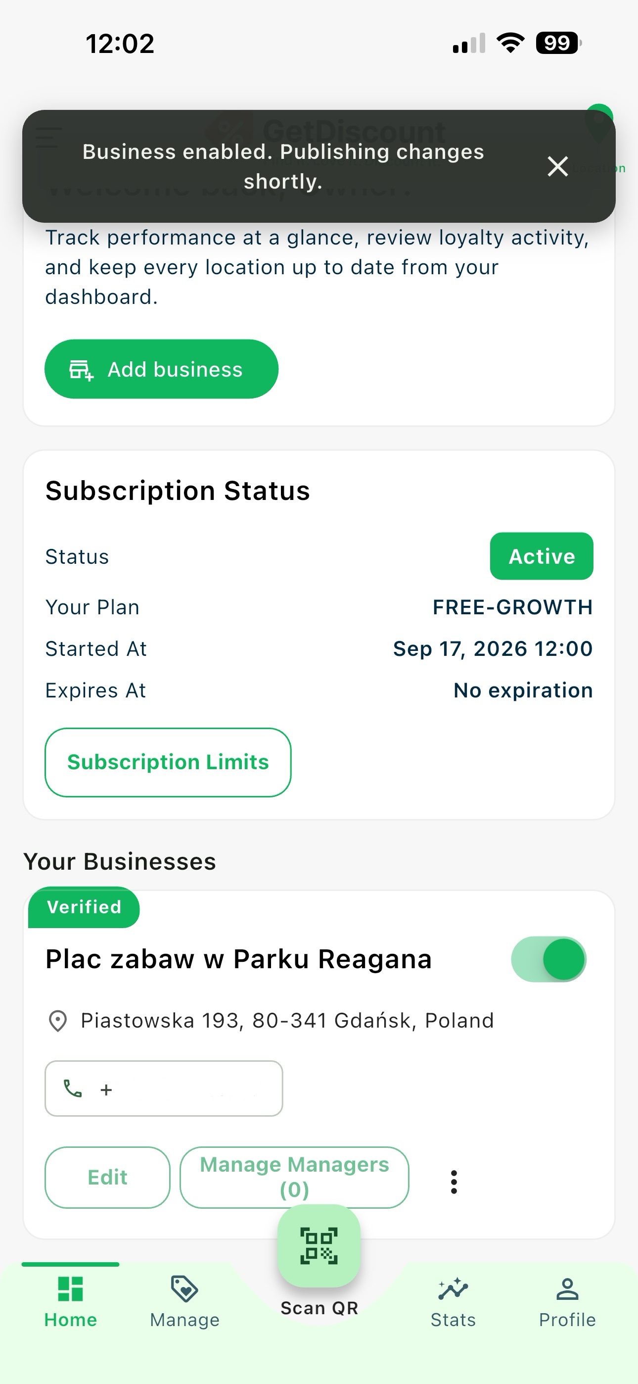 Owner home screen with the business enable toggle