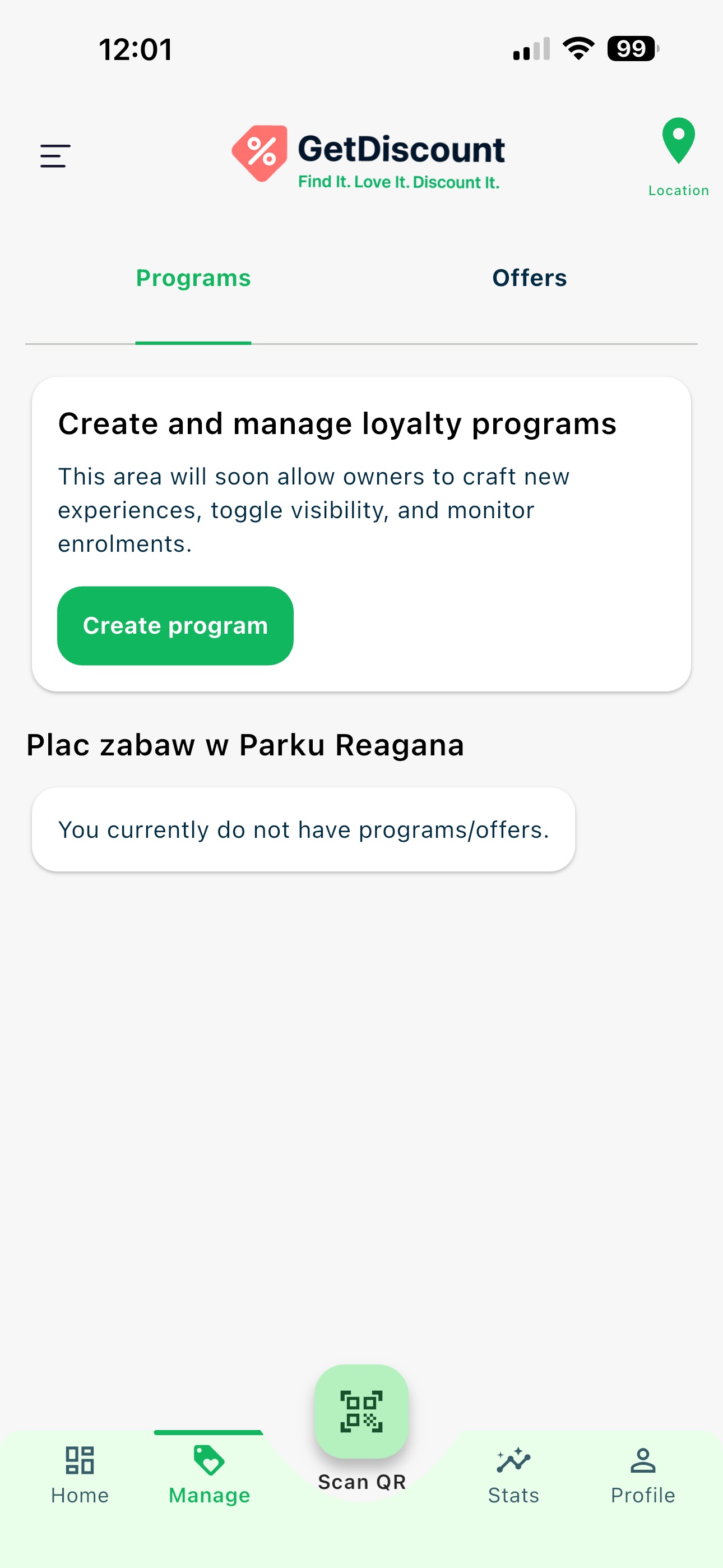 Manage screen with Programs and Offers tabs