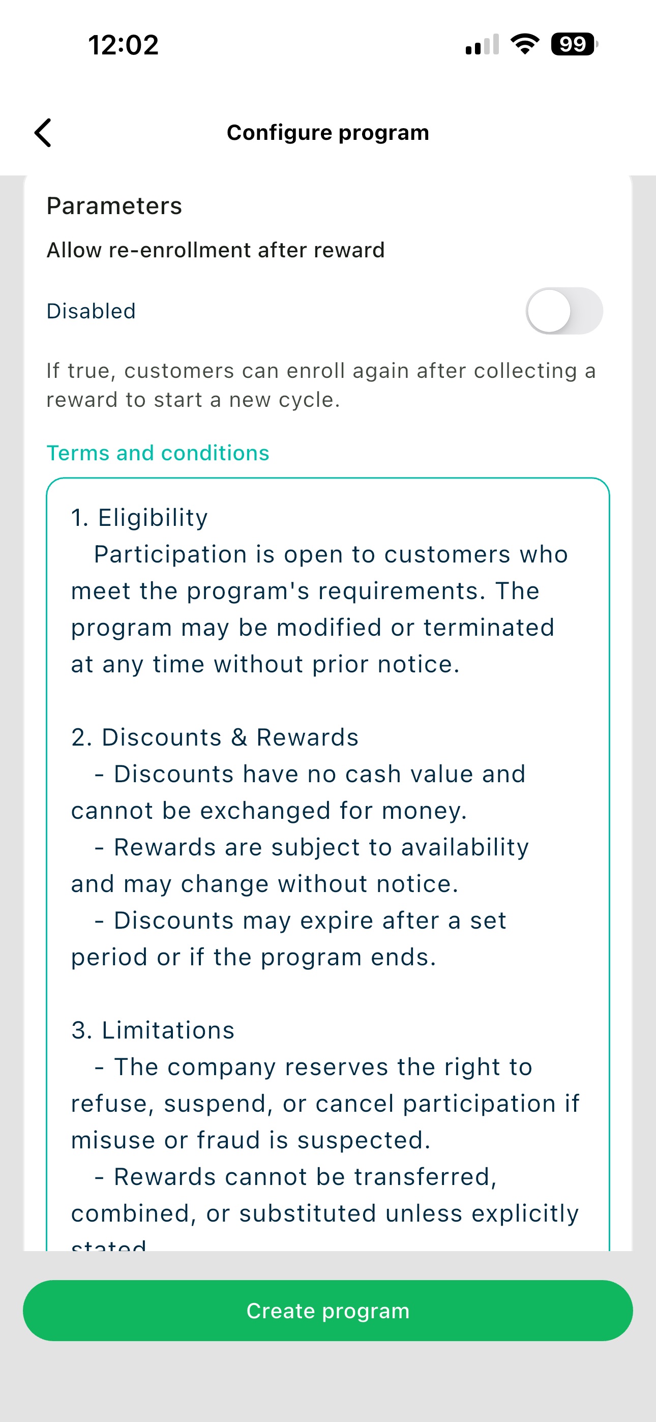 Template options including Allow re-enrolment and Terms and Conditions