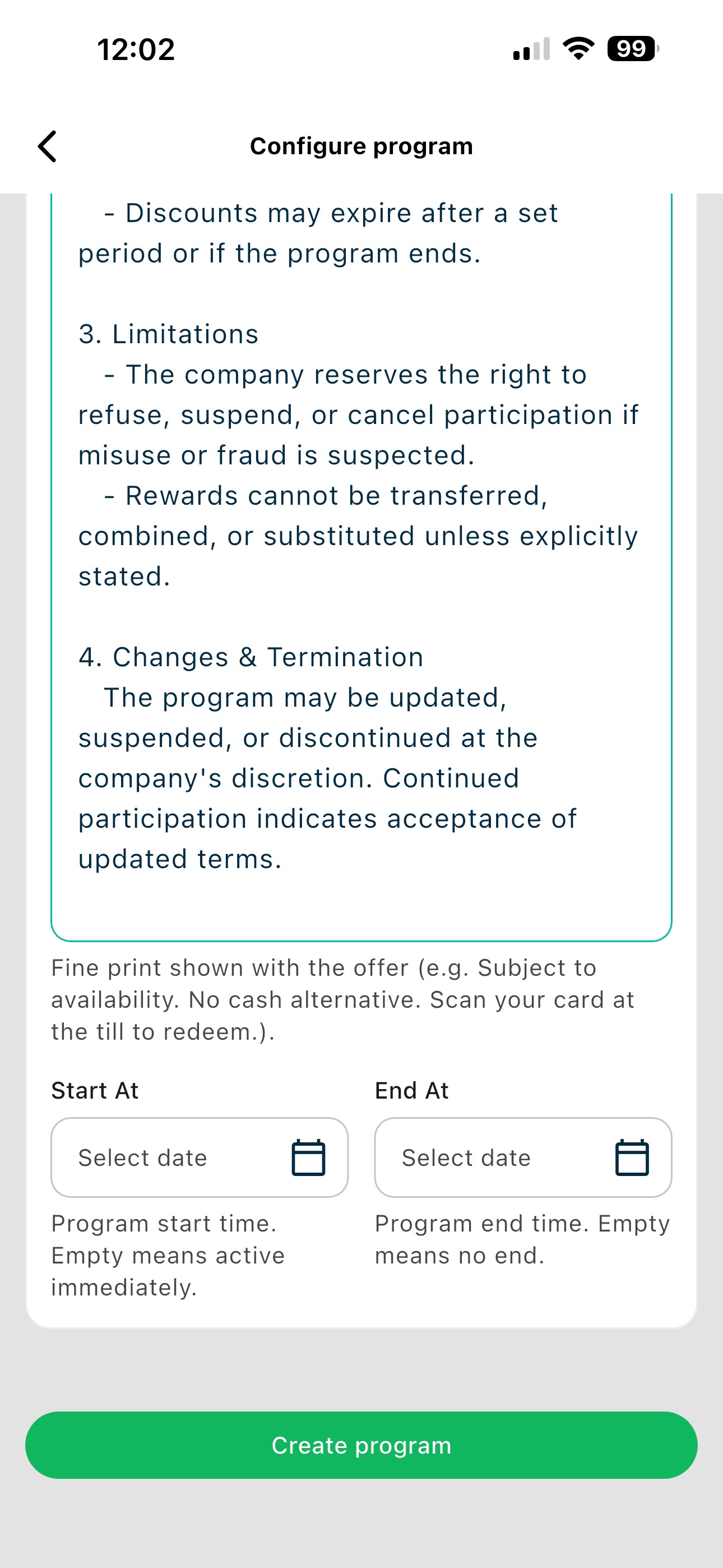 Availability period settings near the bottom of the template form