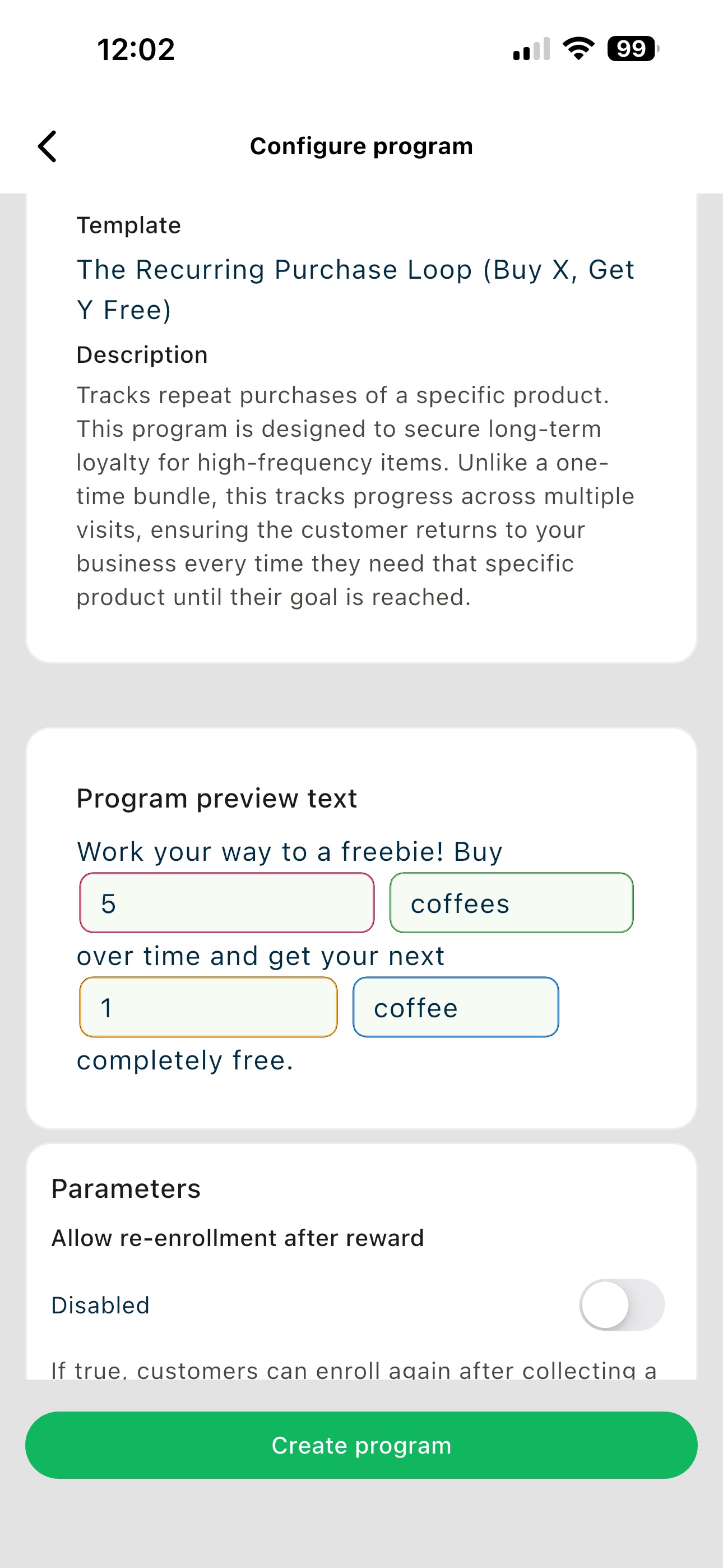 Template configuration with updated values