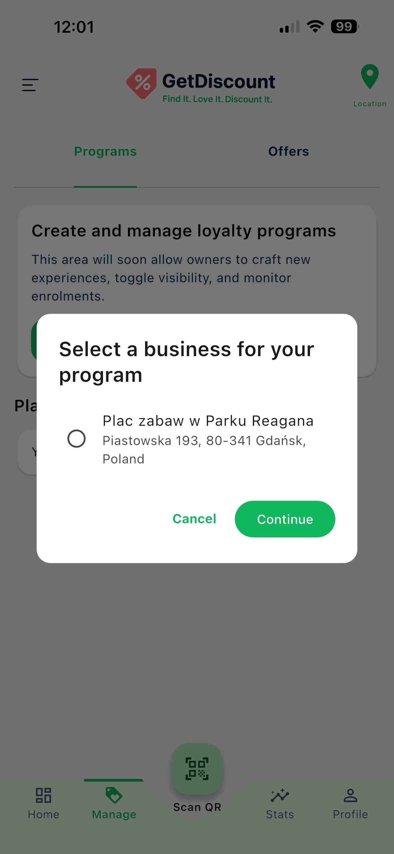 Dialog for selecting a business before creating a program or offer