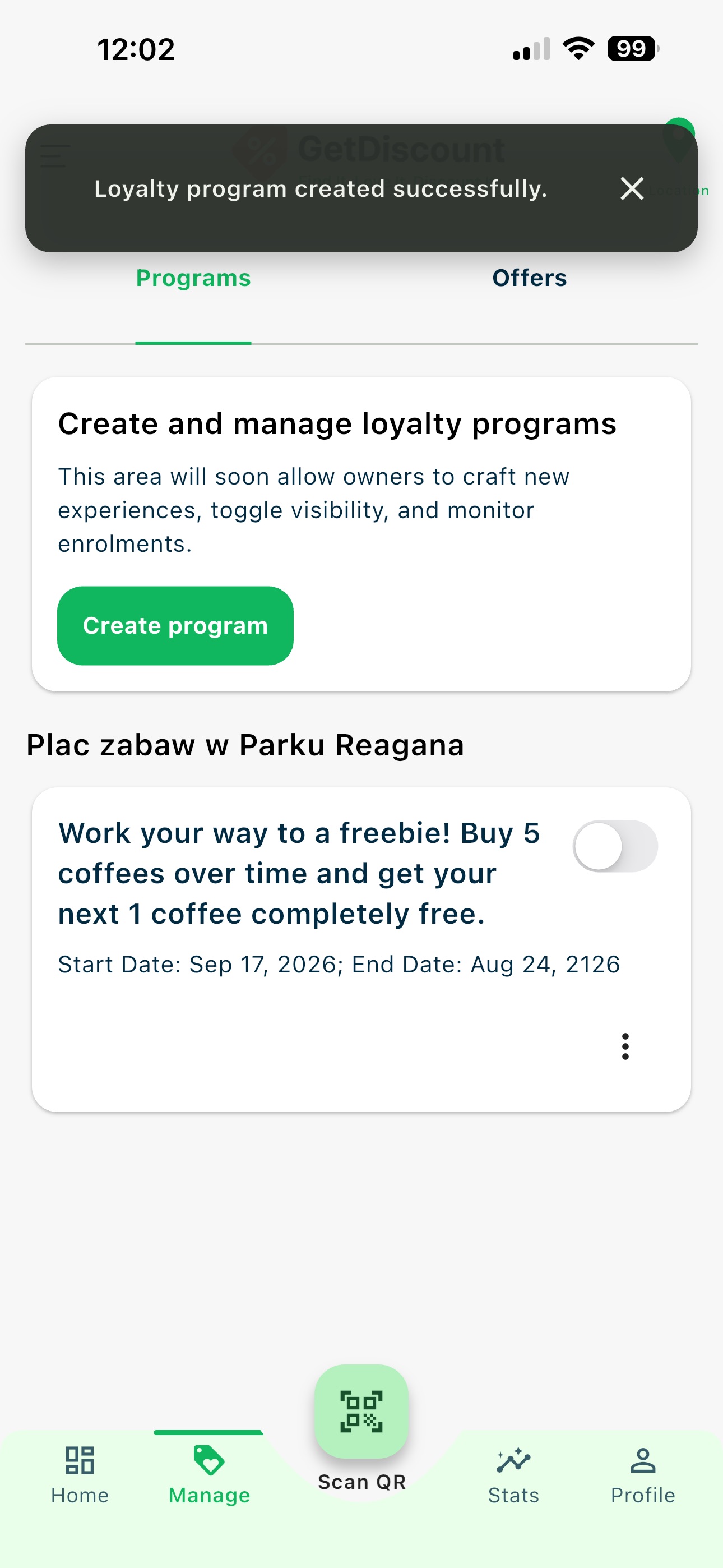 Manage screen with the newly created program