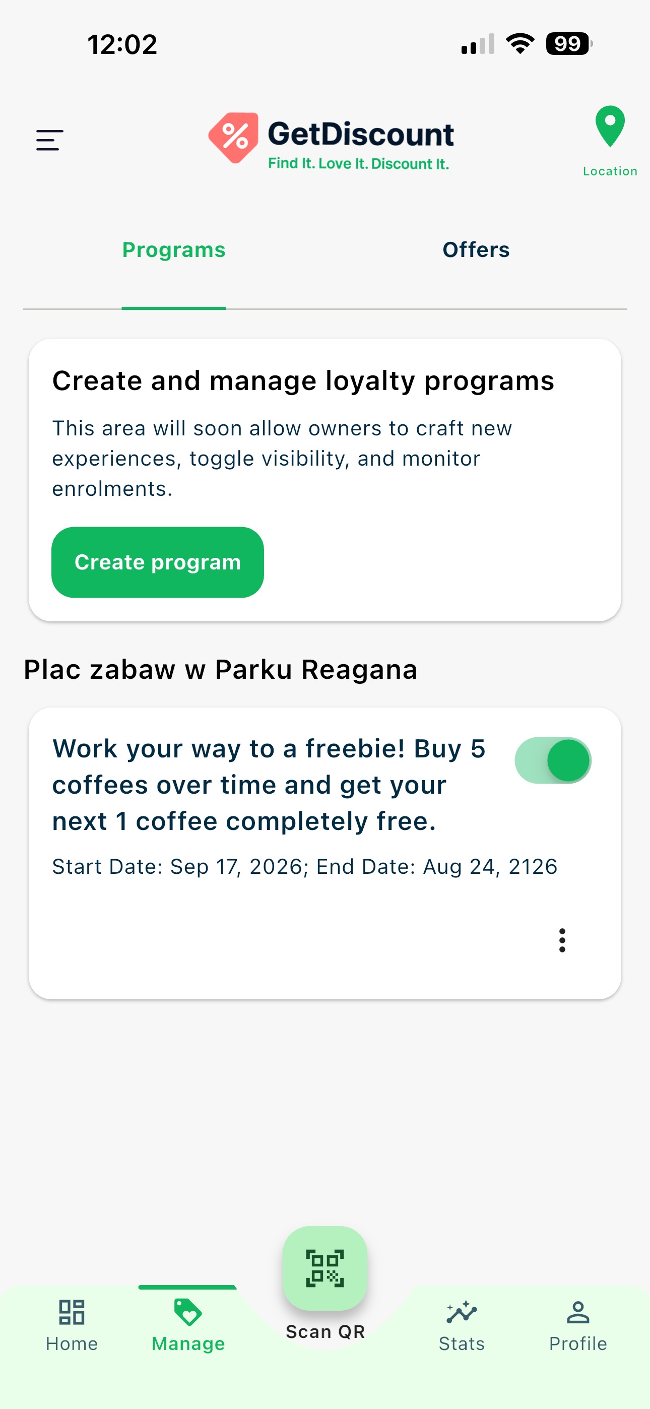 Manage screen with an enabled program