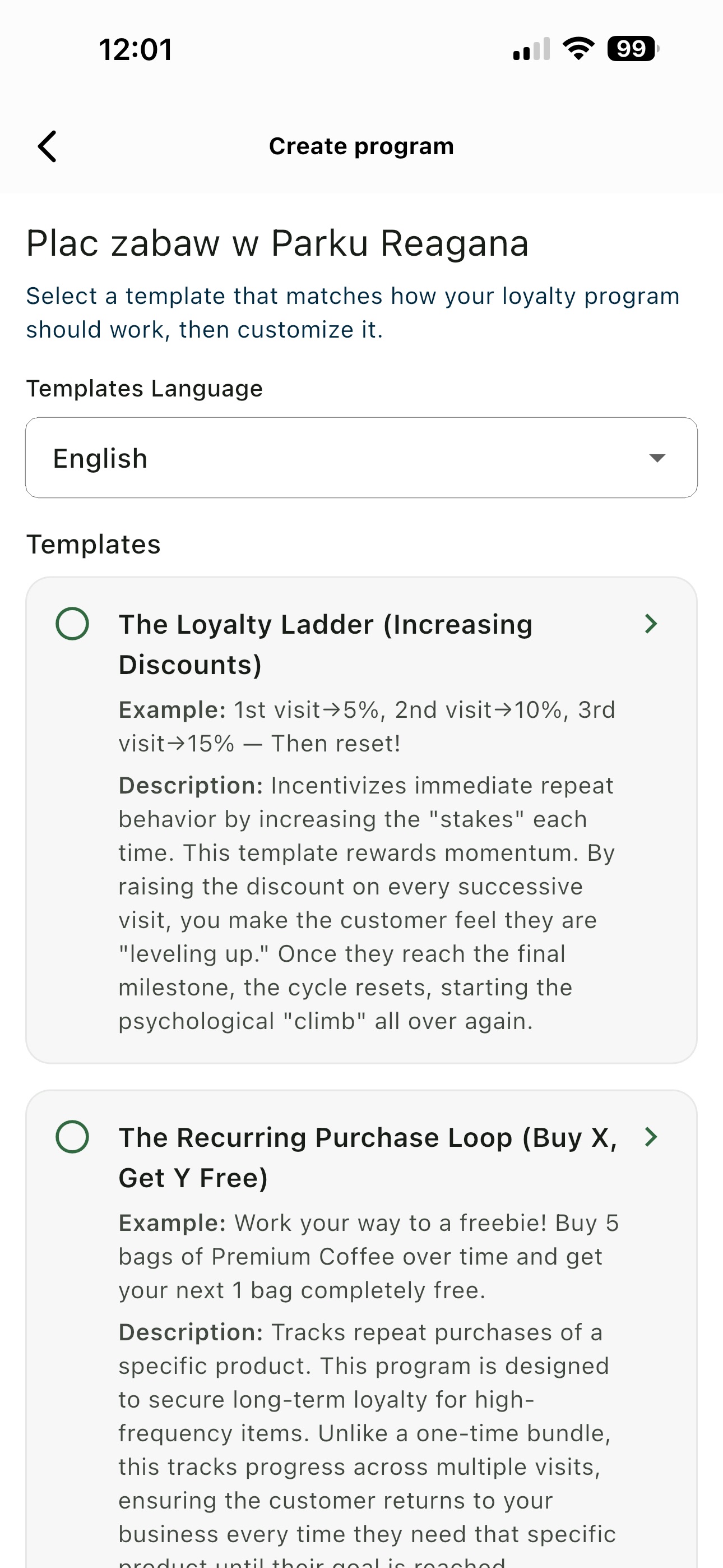 Template library with language selection