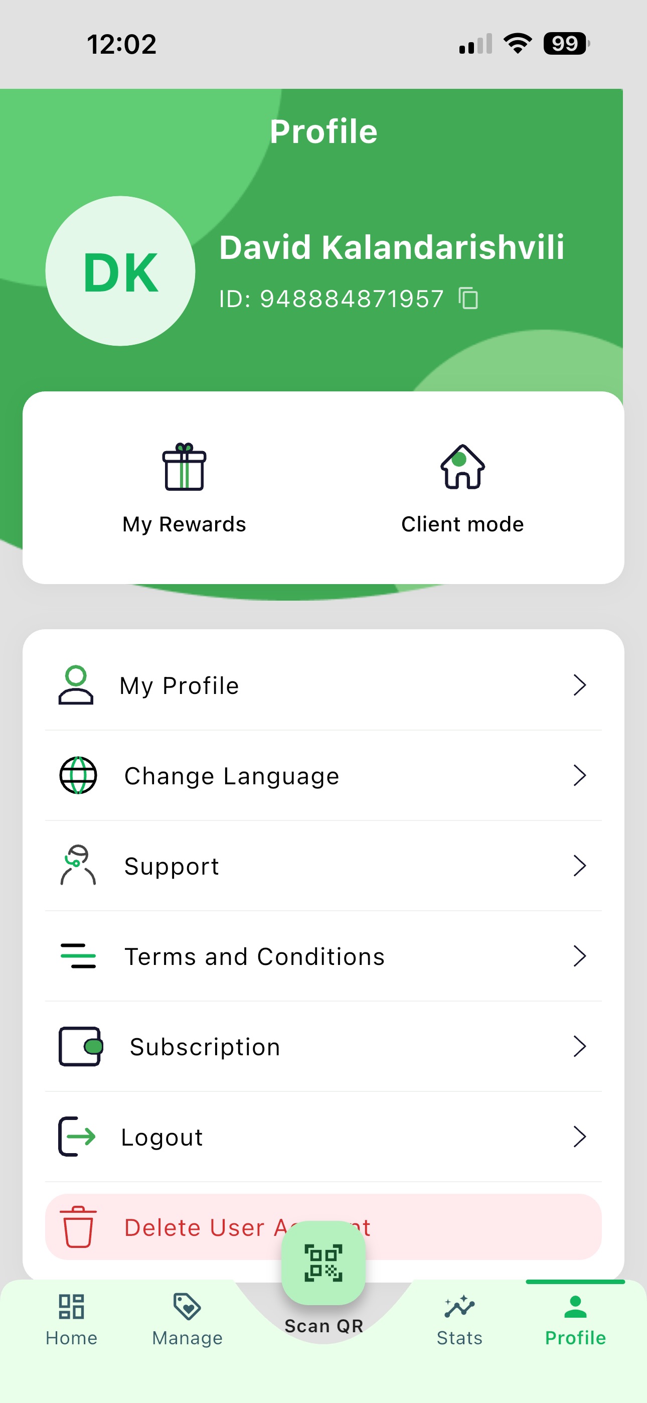 Business owner Profile screen with the Client Mode button
