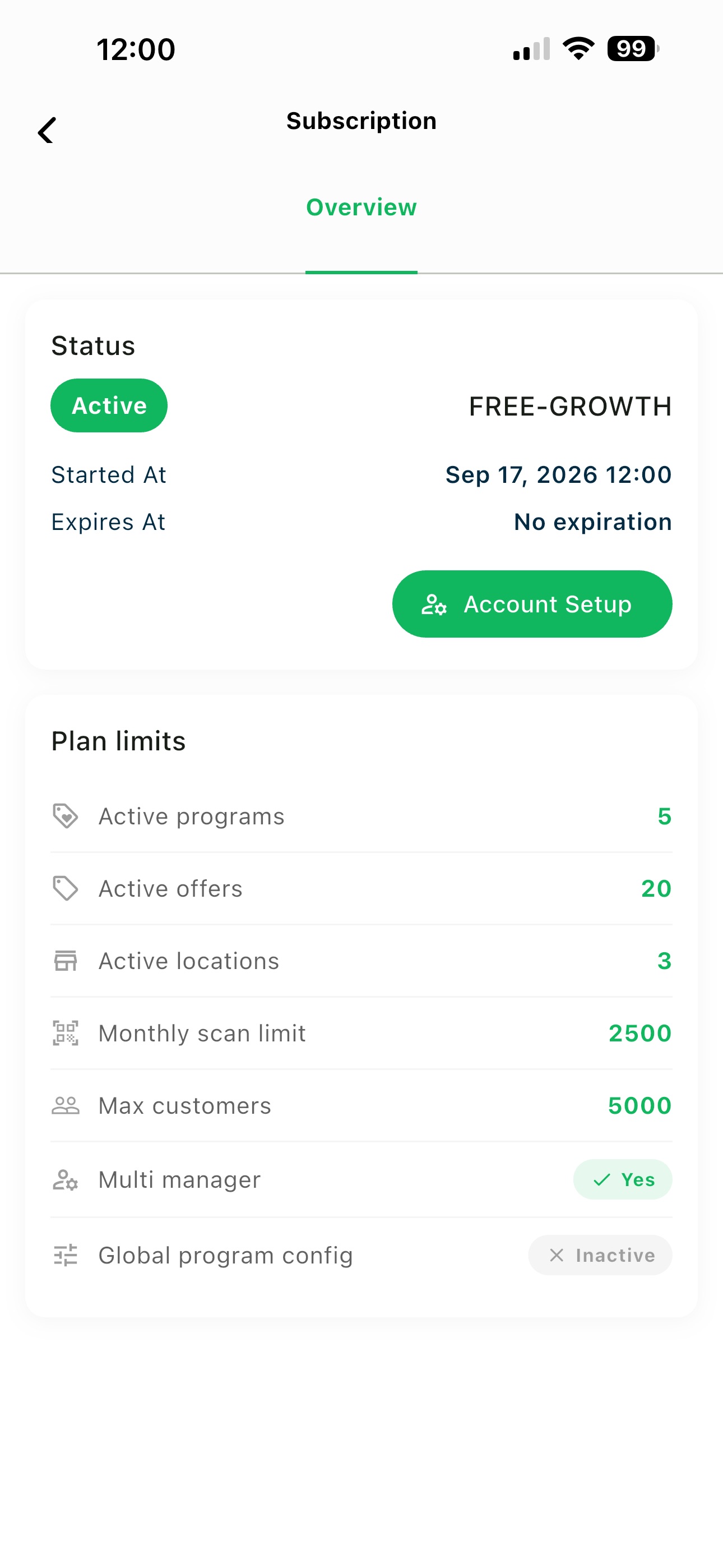 Mobile subscription page showing the assigned license