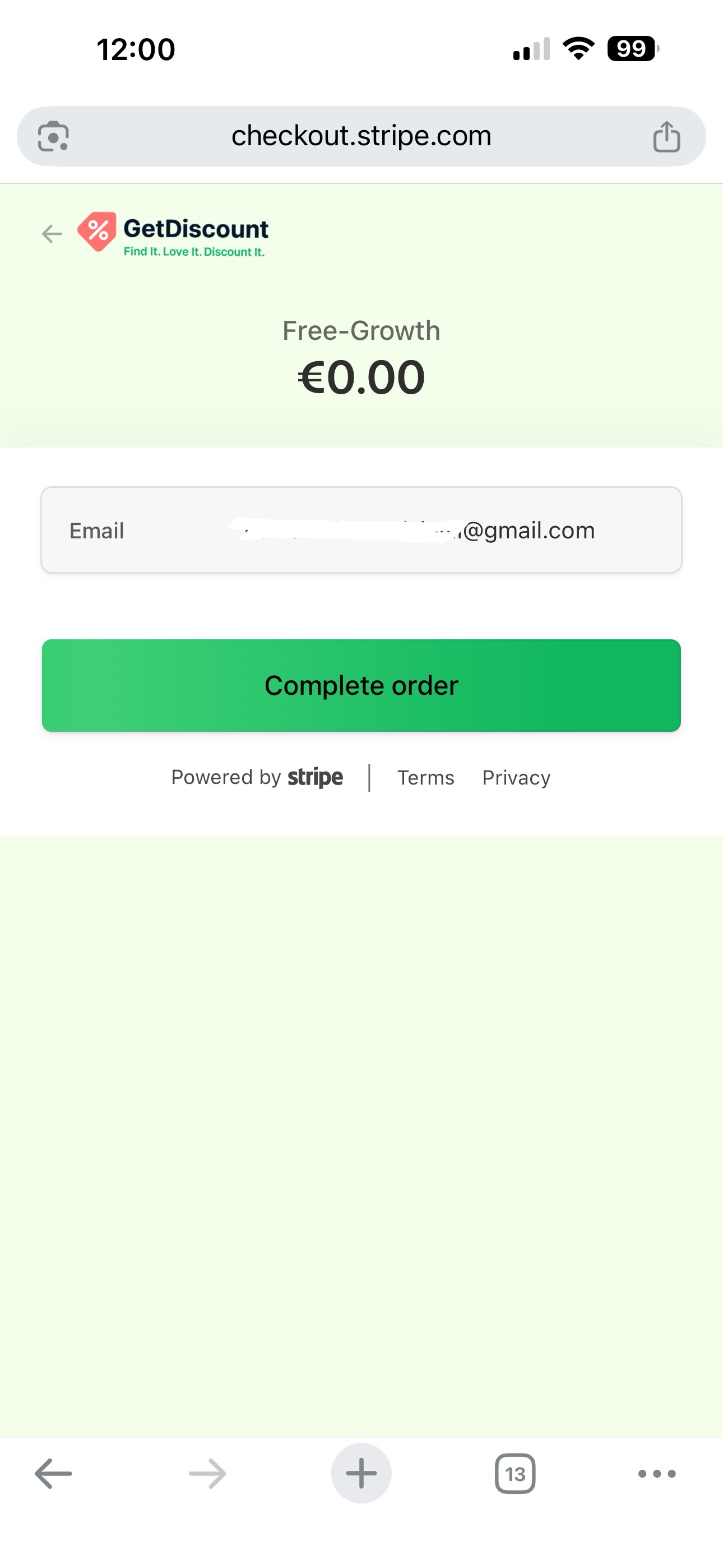 Order completion page requesting an email address