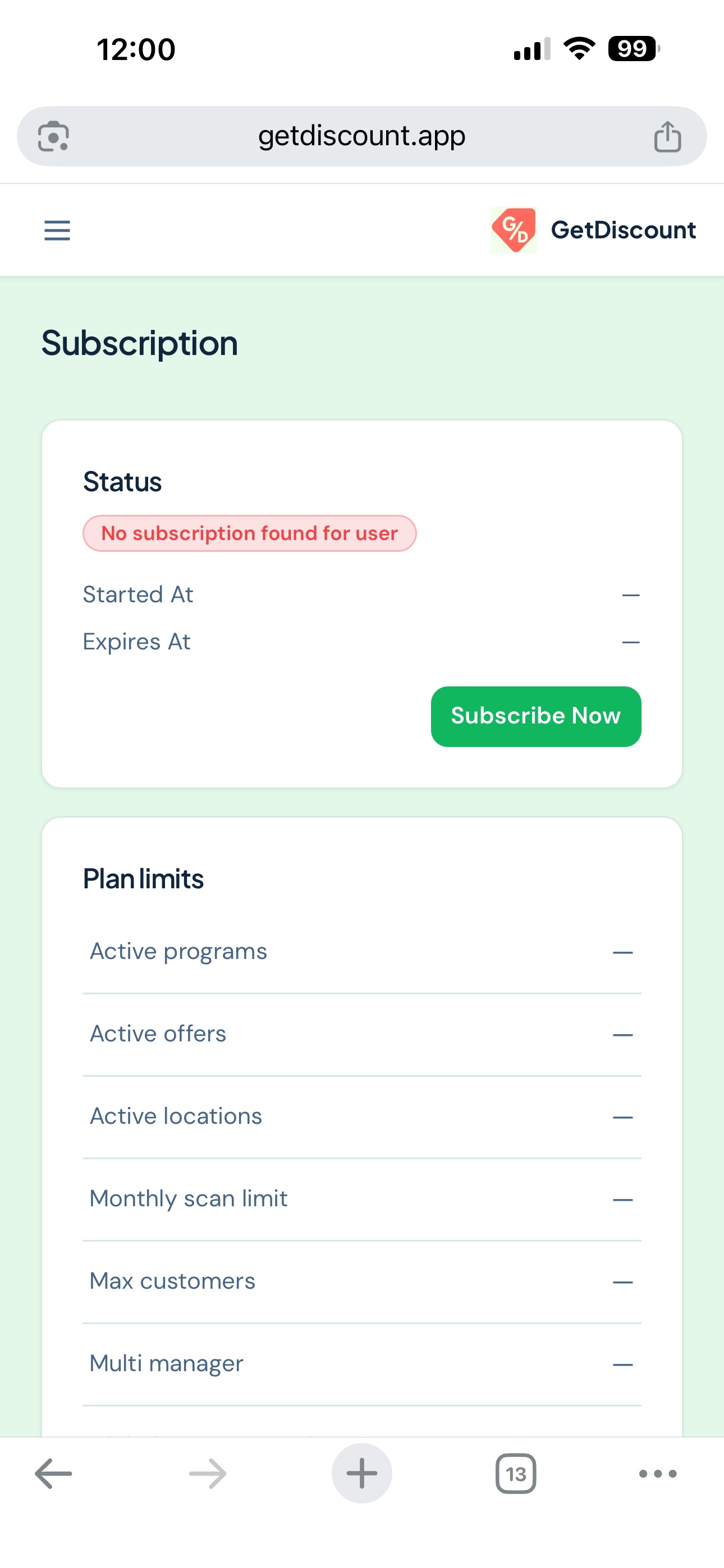 Web subscription details page with Subscribe Now