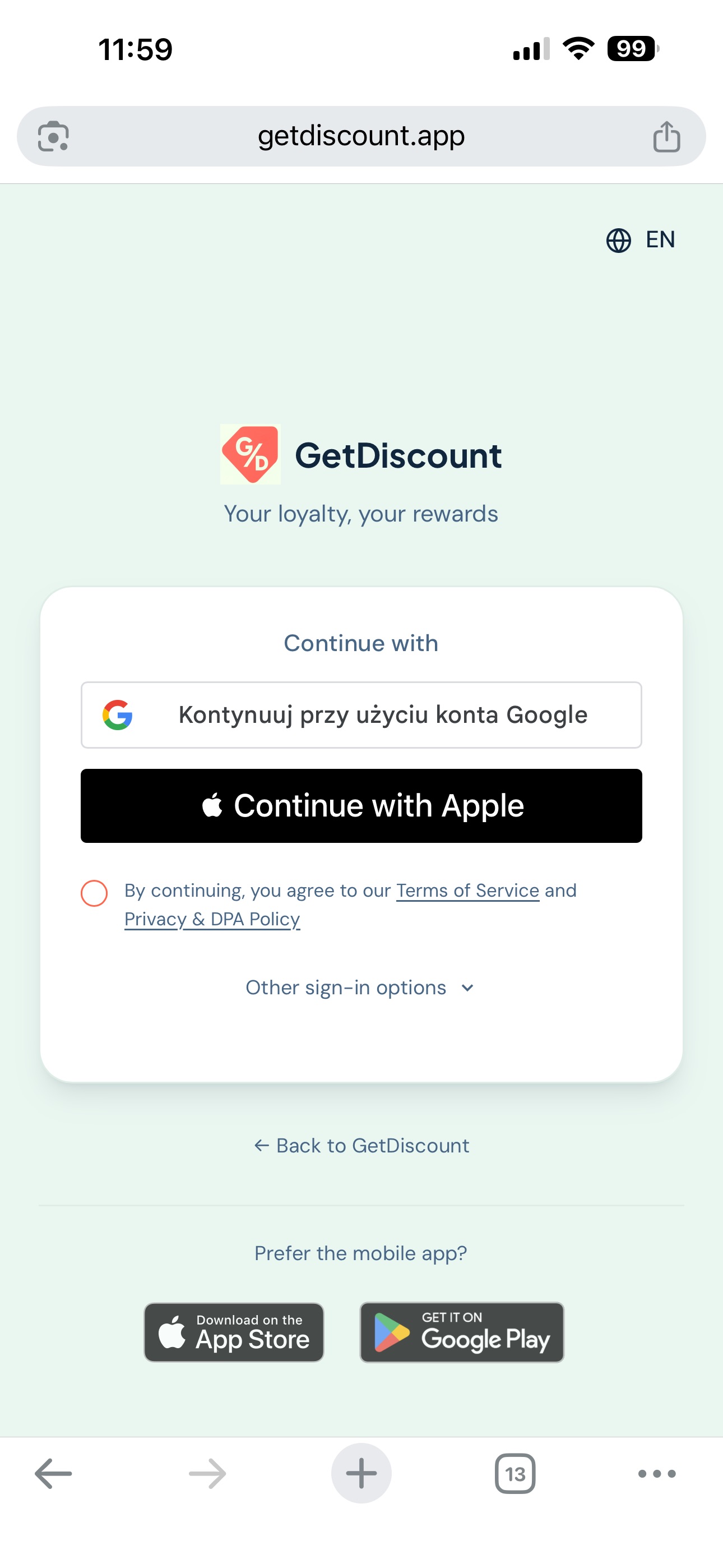 GetDiscount web login screen