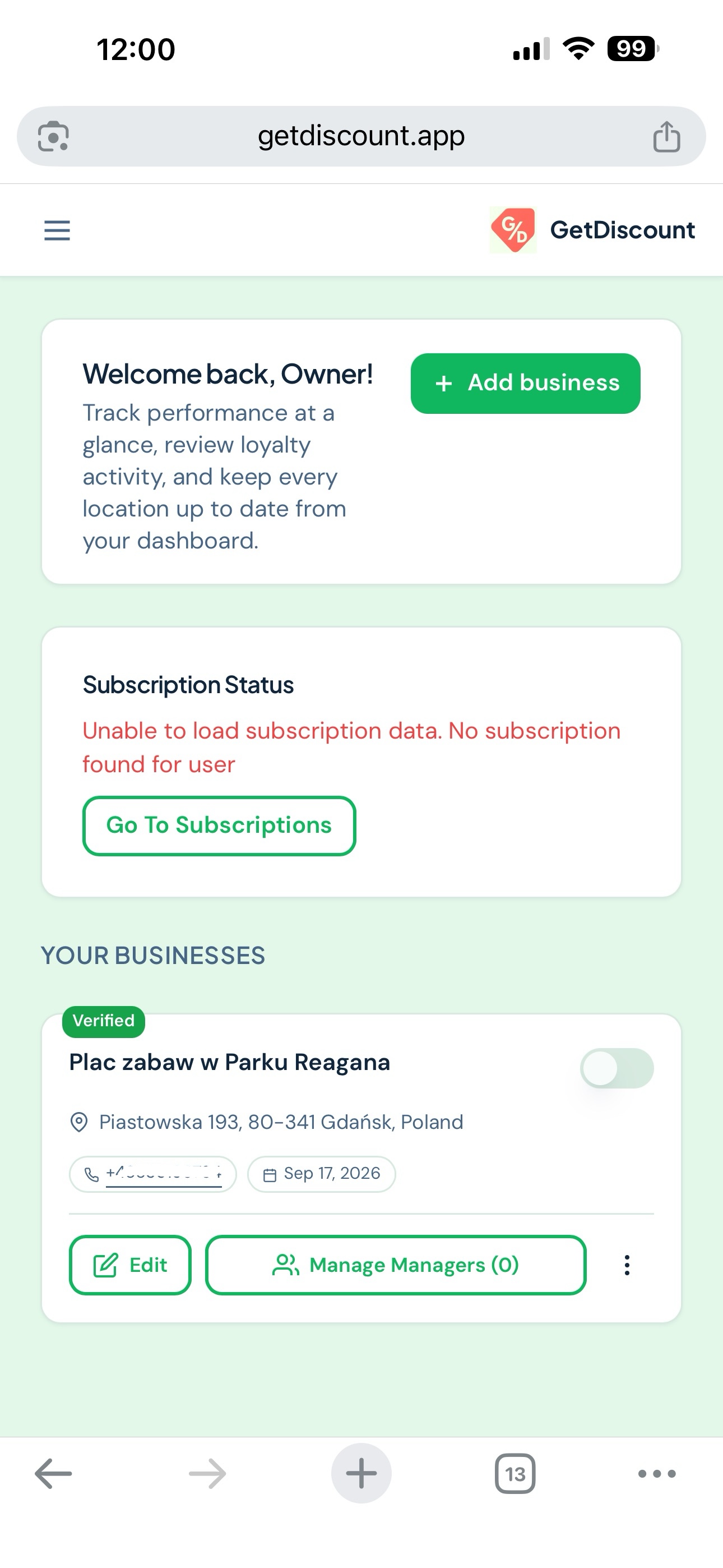 Web owner dashboard with the Go to Subscription button