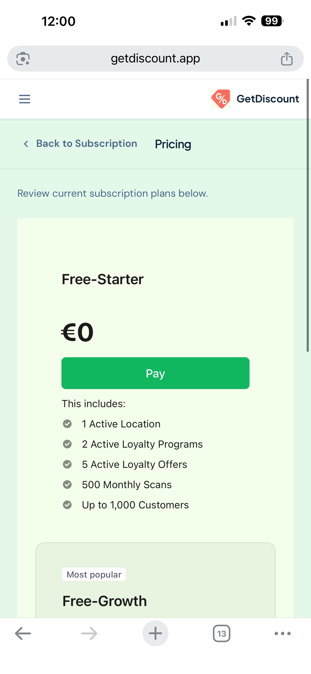 Plan selection page with payment actions