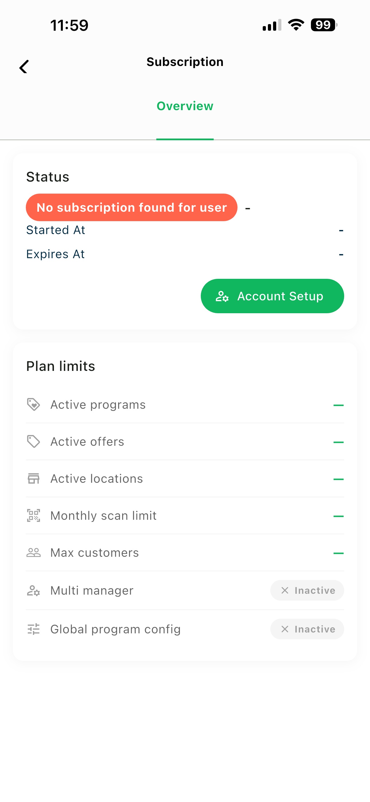 Subscription overview showing that no license is assigned