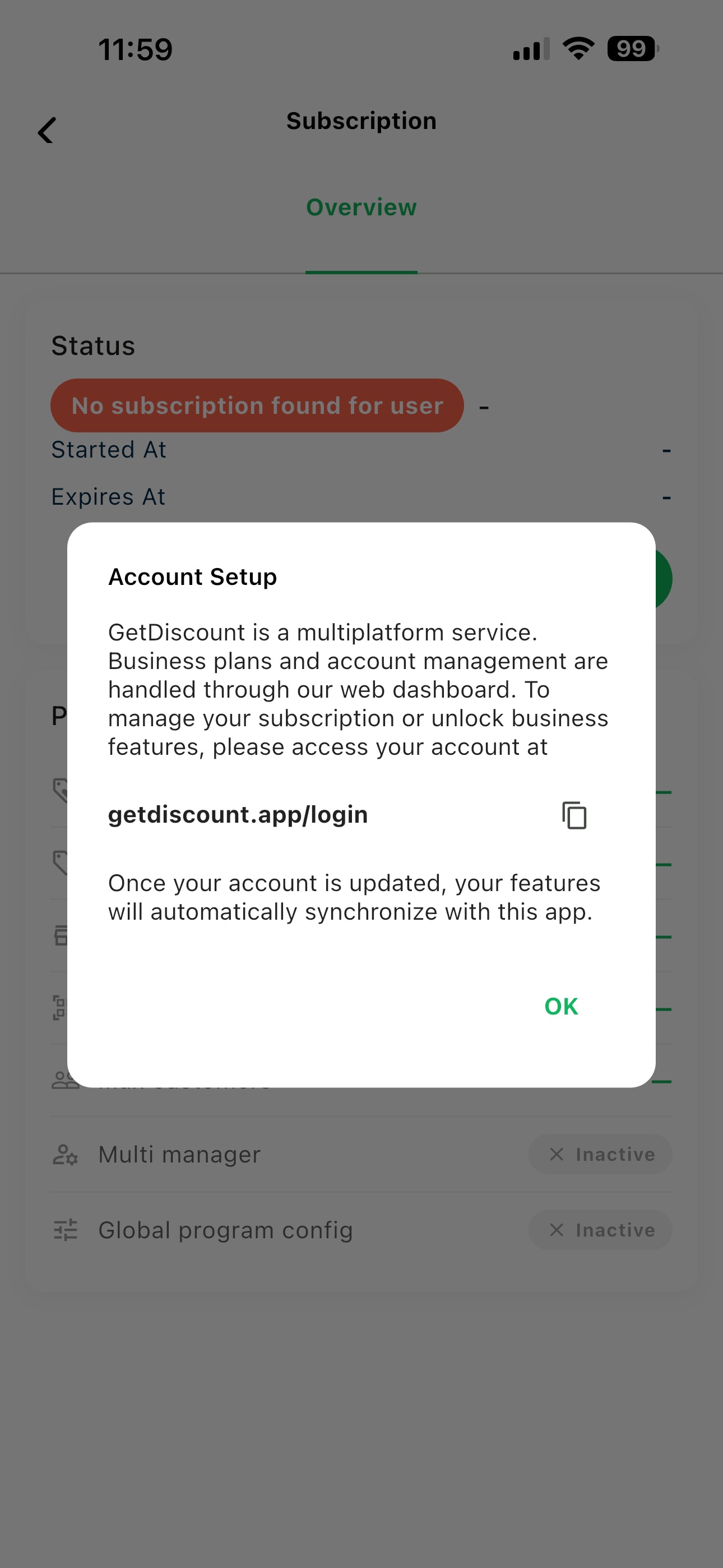 Mobile dialog explaining that licenses are available through the web portal