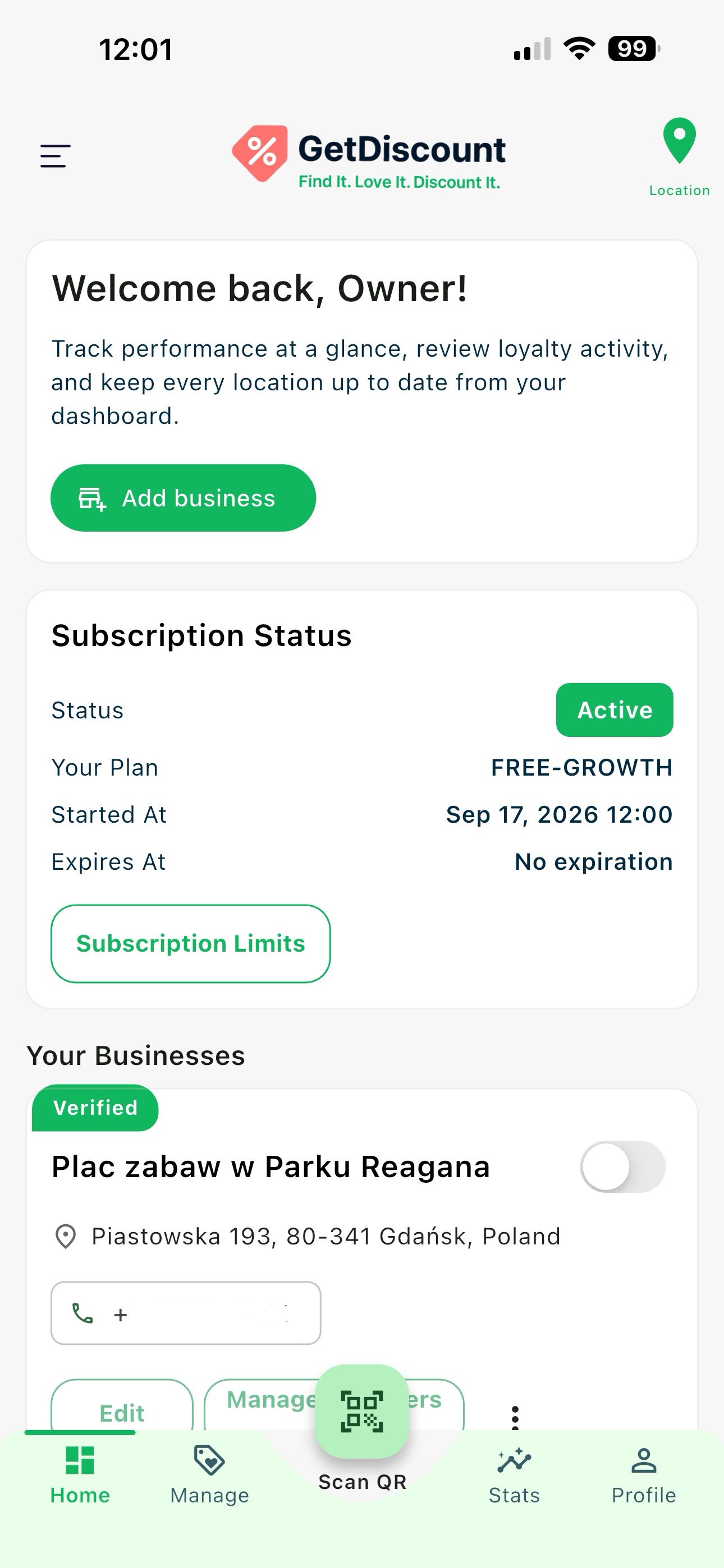 Owner home screen with an active subscription