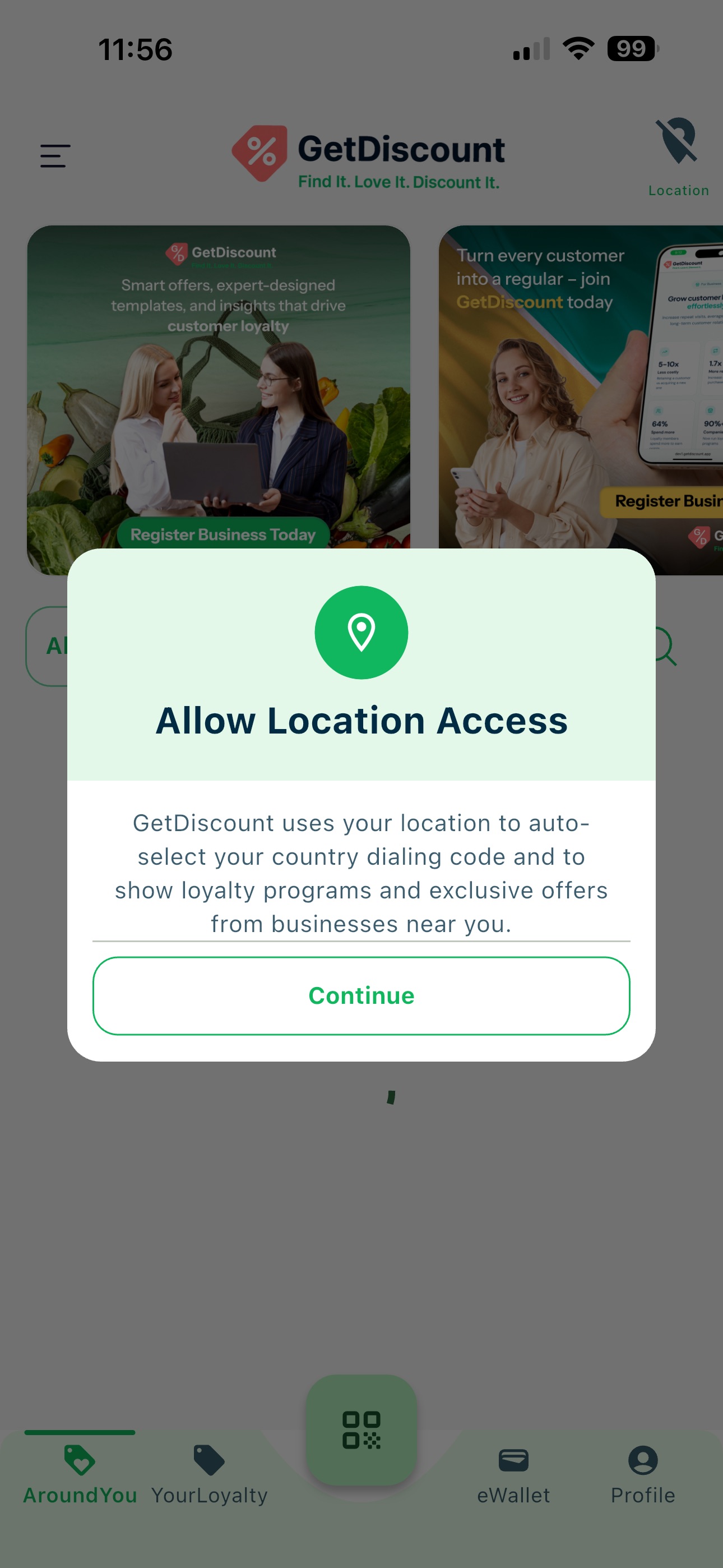 GetDiscount explanation of why location access is needed