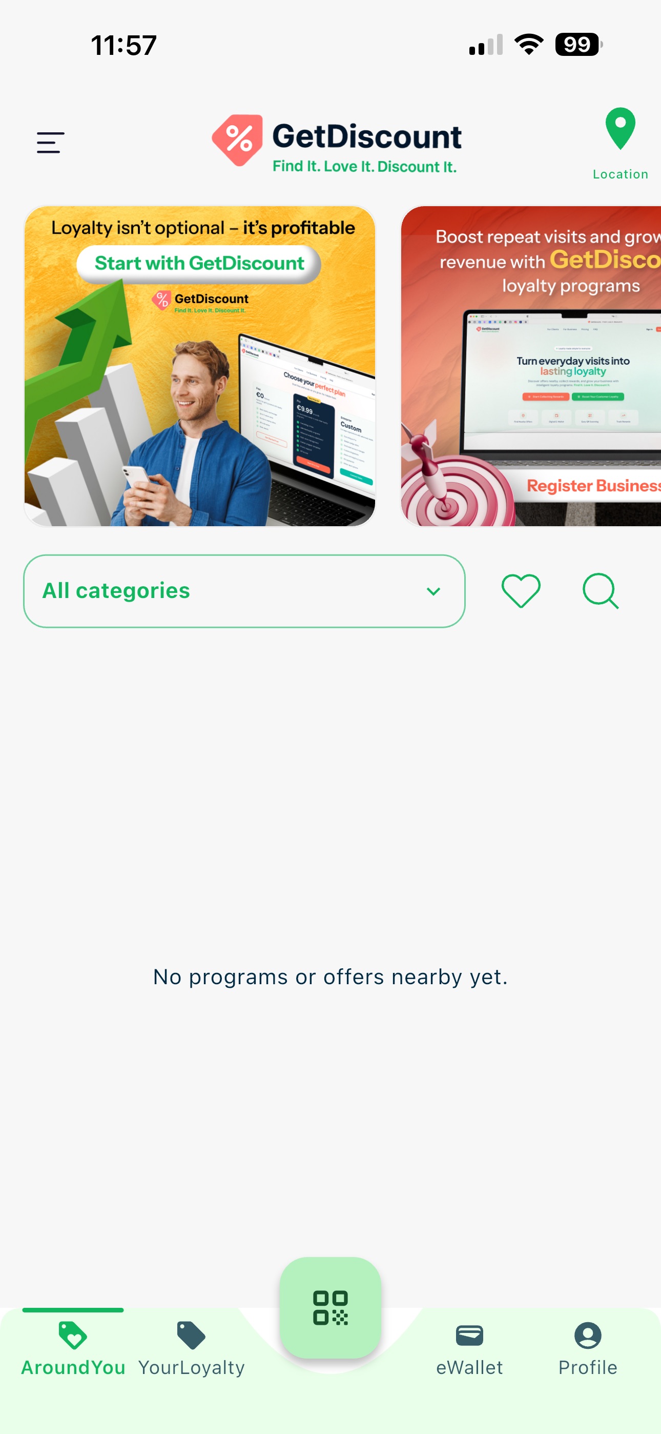 GetDiscount main screen with the Profile tab available