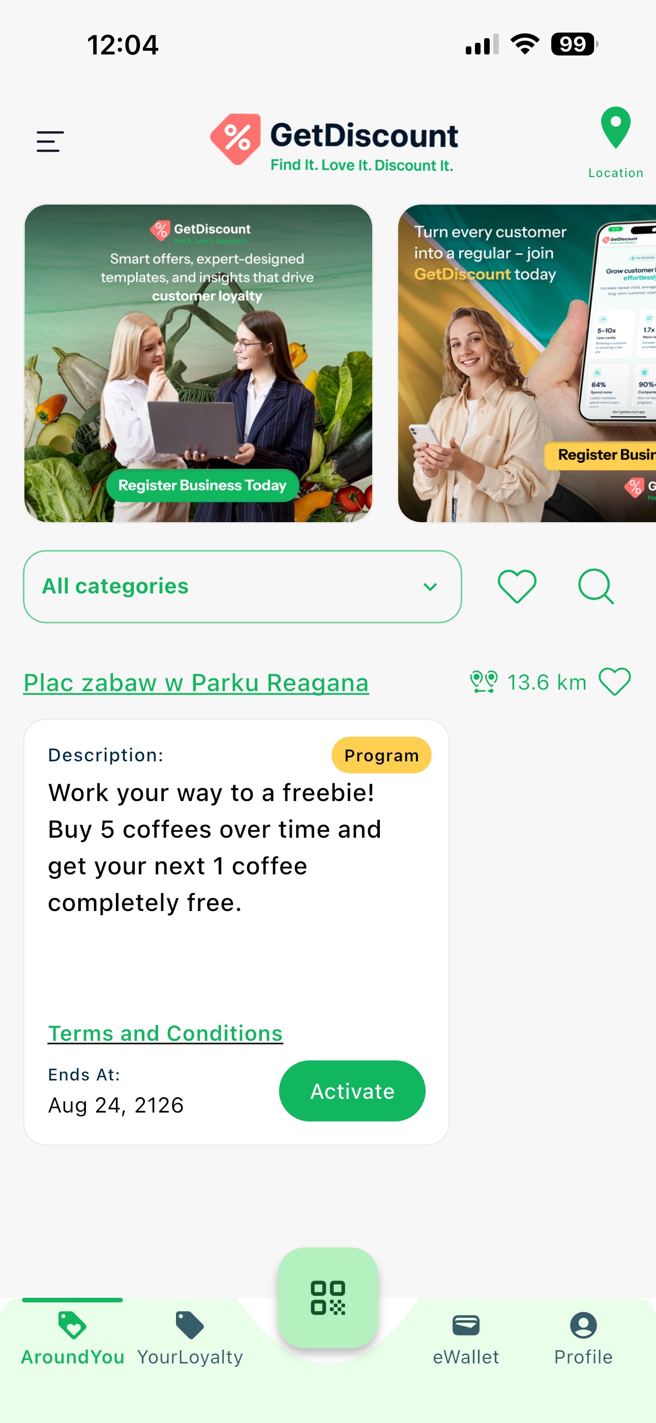 Client Around You screen showing available businesses and programs