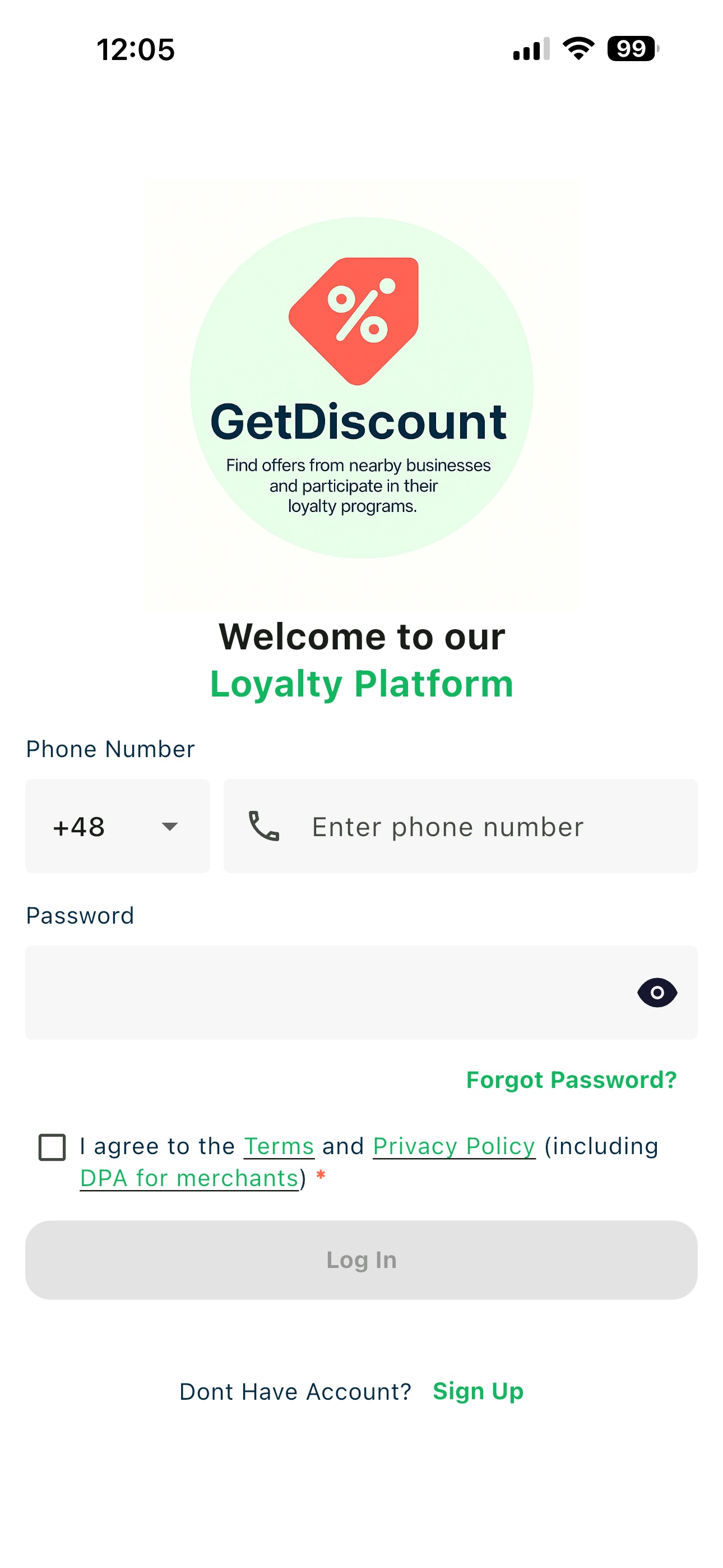 Login screen with the Phone Number and password fields highlighted