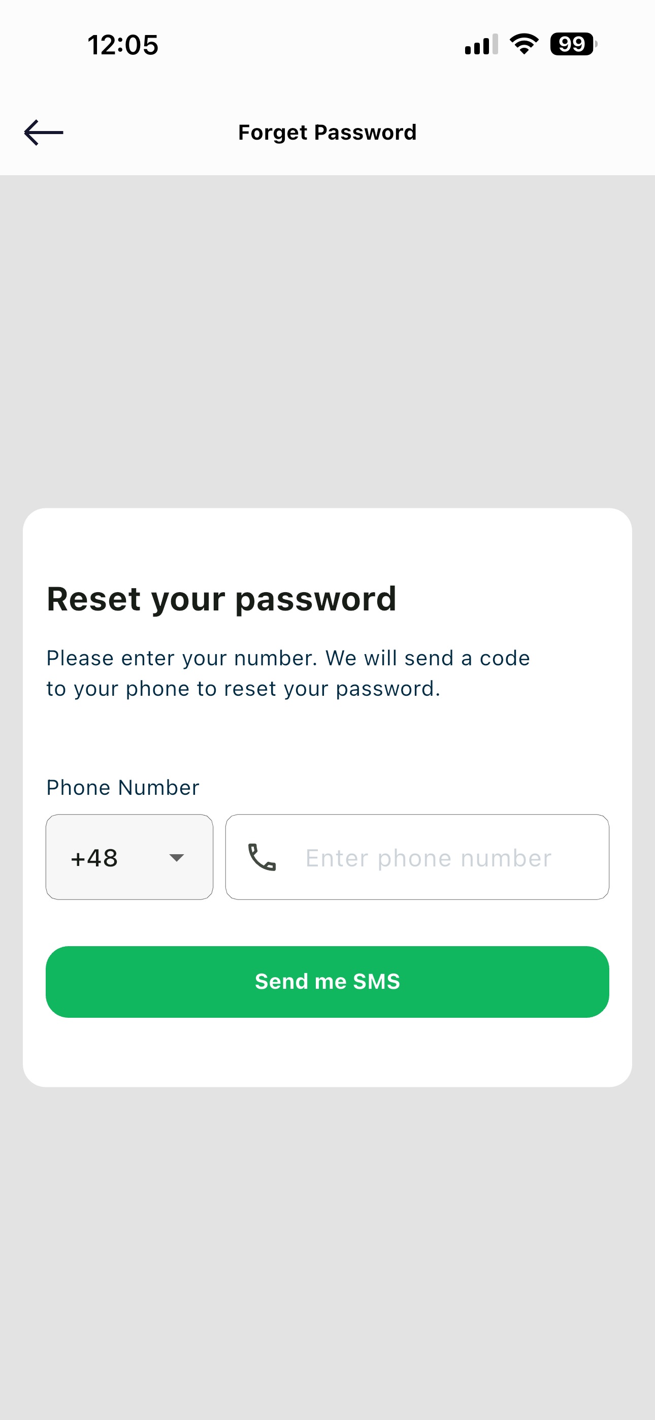 Forgot password screen with the reset link field highlighted