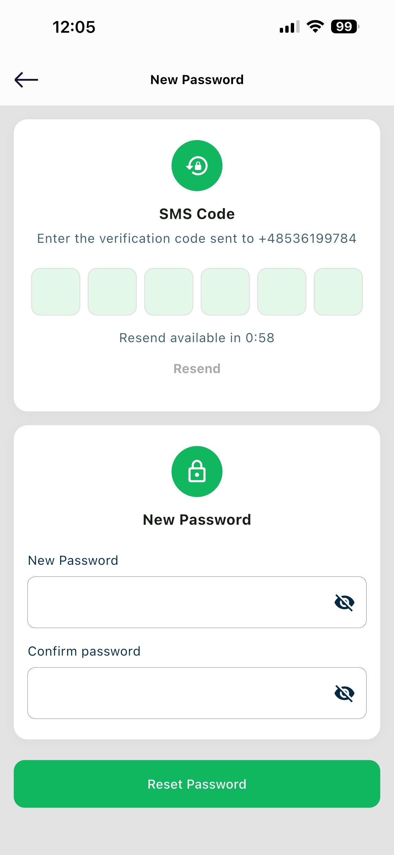 Reset password form with the new password field highlighted