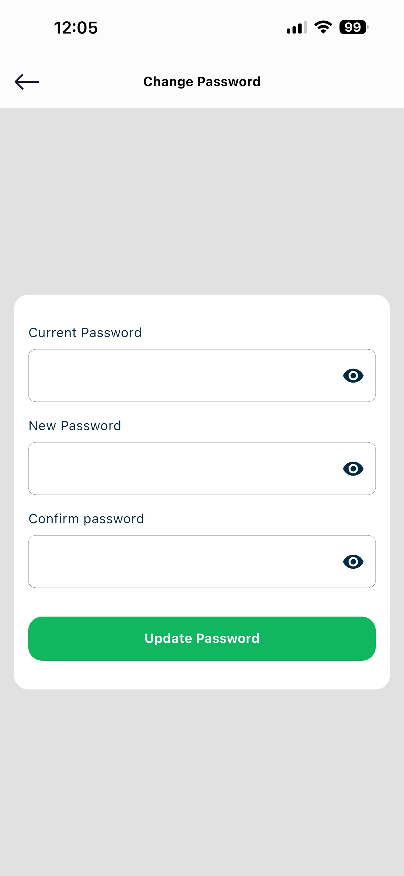 Change password form inside account settings