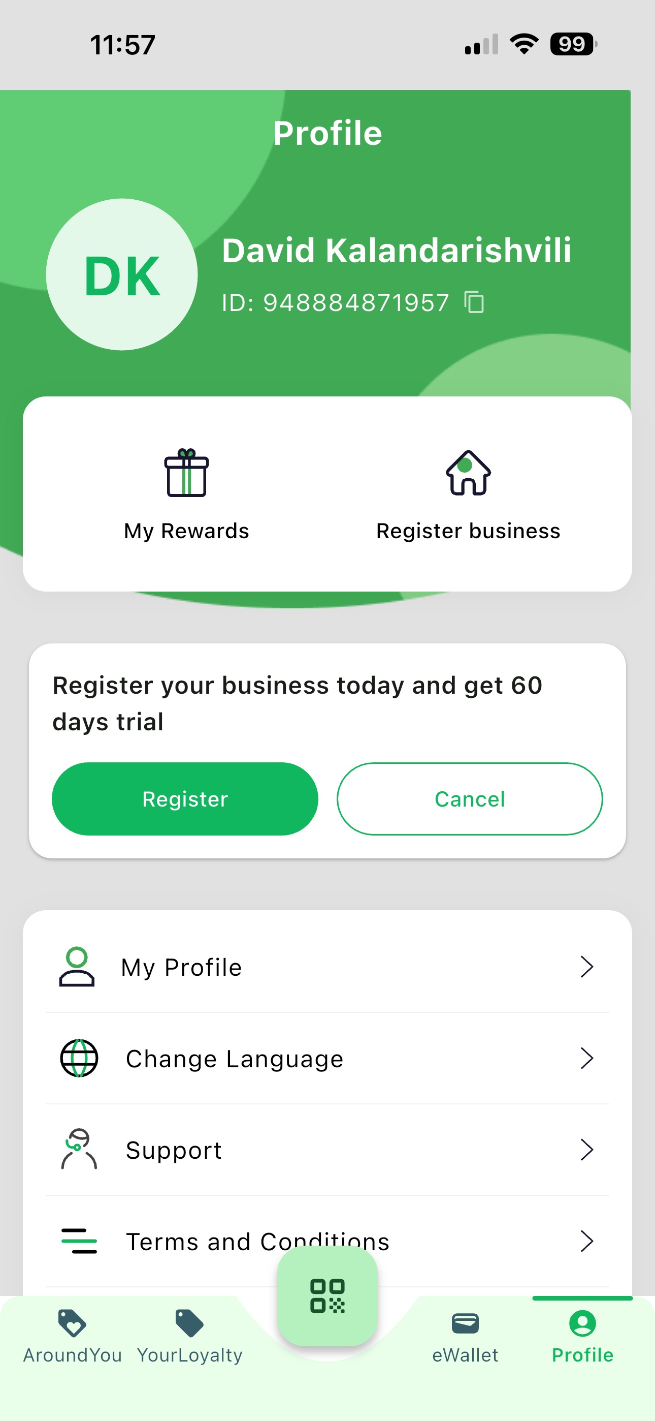 Profile screen with Register business highlighted