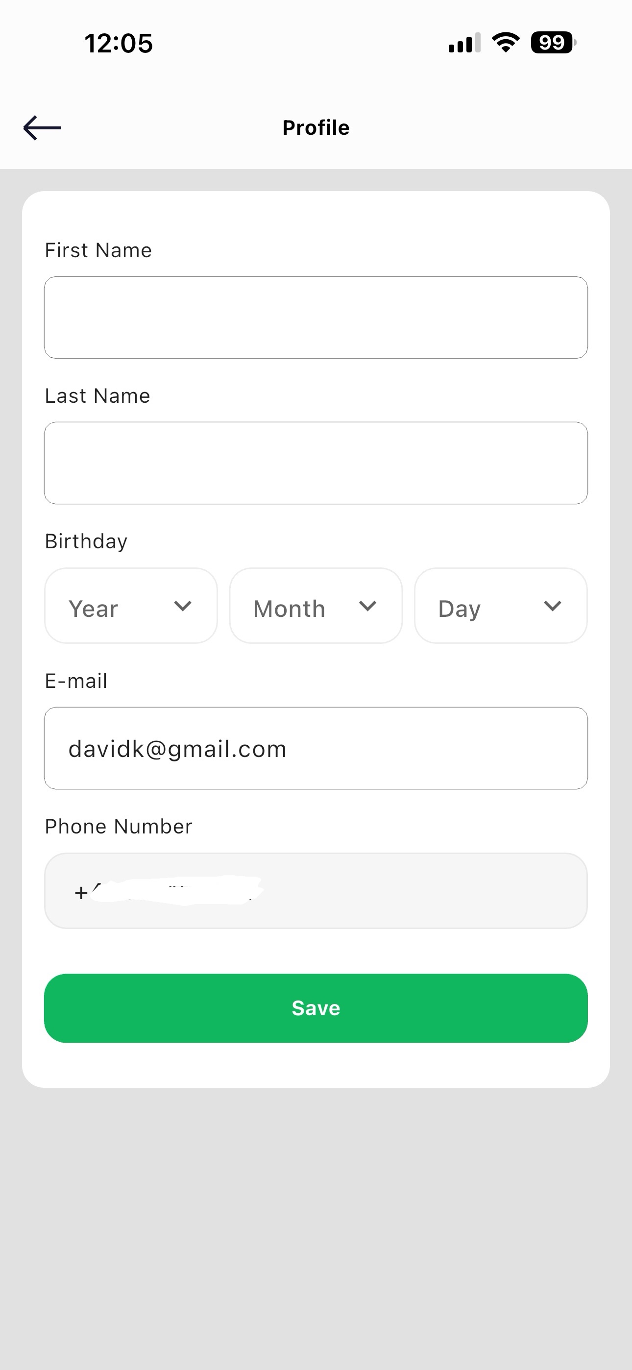 Account settings screen with the edit profile fields highlighted