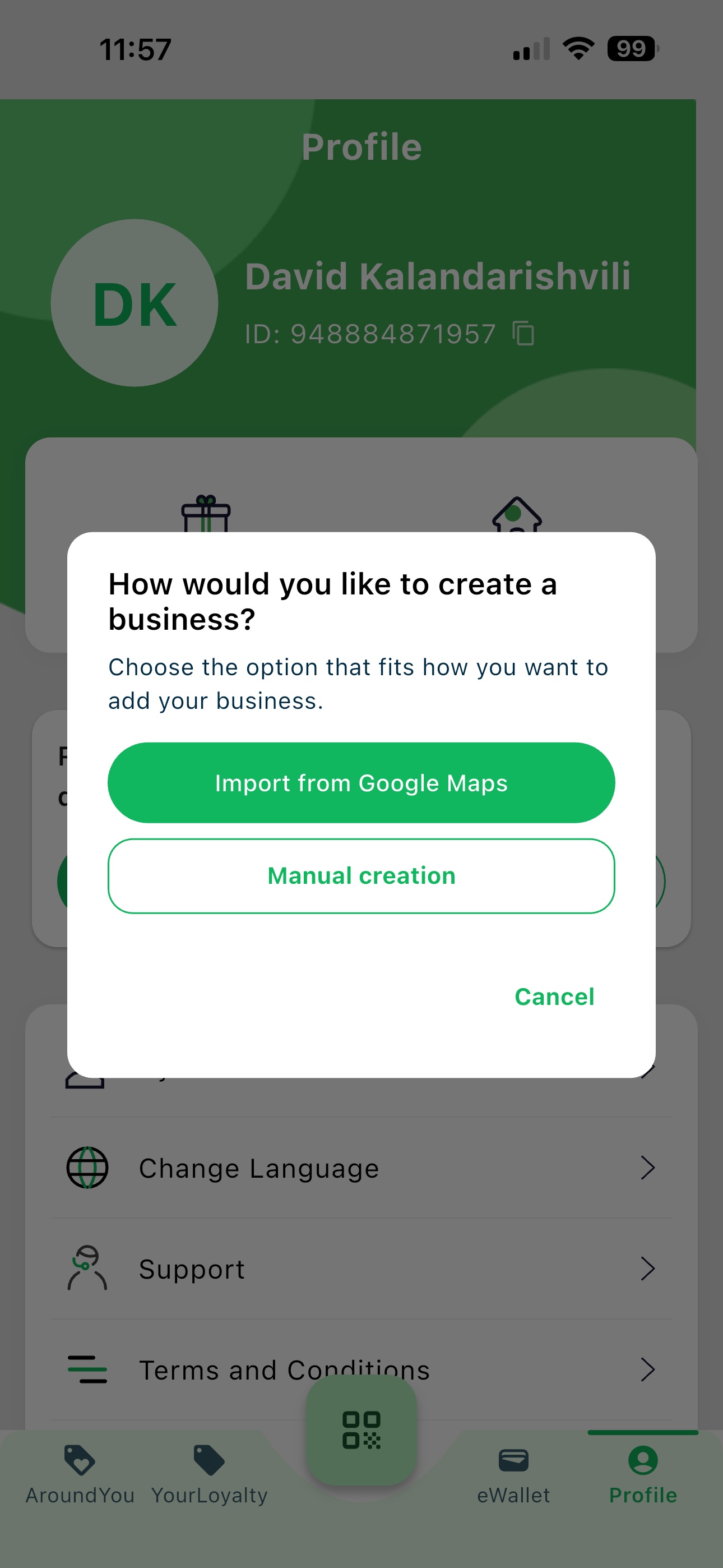 Business creation options with Import from Google Maps highlighted